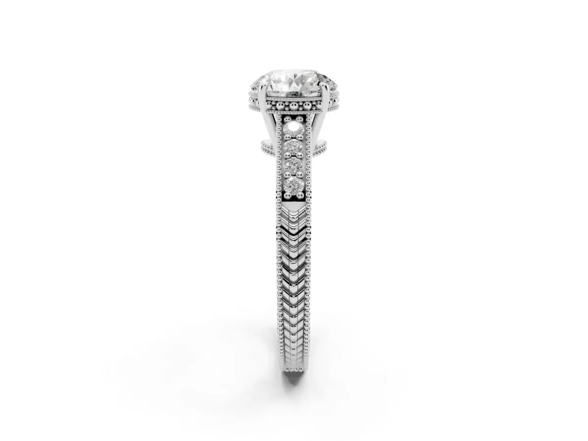 Round Cut Solitaire Pavé Diamond Milgrain Engagement Ring with Four-Prong Setting Silver