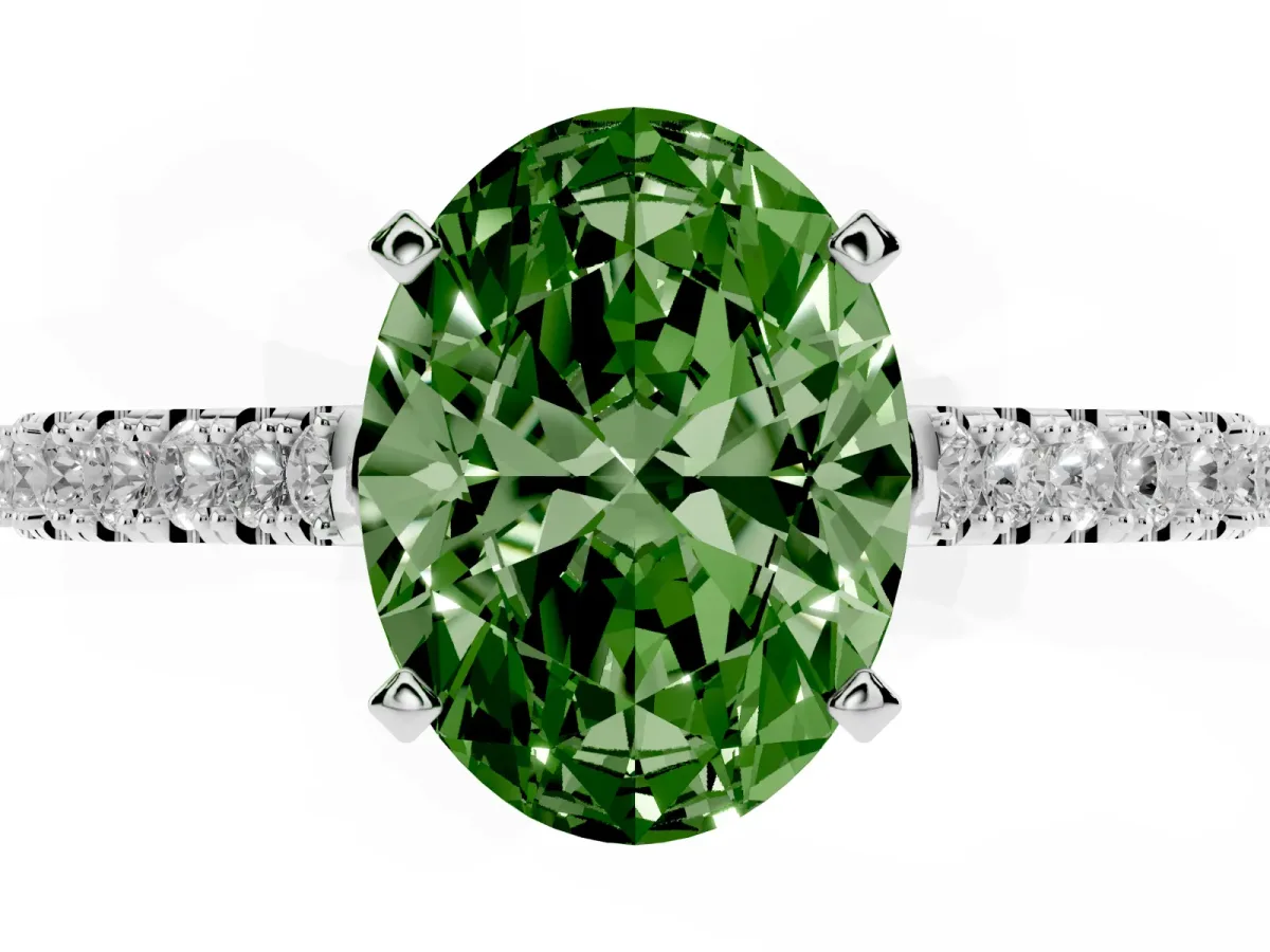 Fancy Green Oval Cut Cut Solitaire Diamond Engagement Ring with Pave Band and Four-Prong Setting Platinum