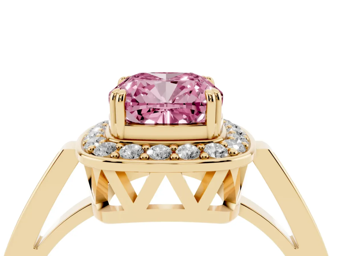 Fancy Pink Cushion Cut Diamond Halo Ring with Split Shank and Four-Prong Setting Yellow gold