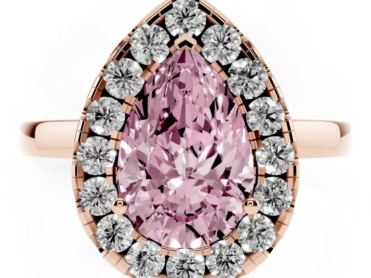 Fancy Pink Pear Cut Halo Diamond Solitaire with Pavé Band and Four-Prong Setting Rose gold