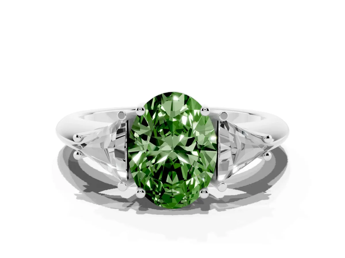 Fancy Green Three-Stone Oval Cut Diamond Engagement Ring with Trillion Side Stones and Prong Setting Silver