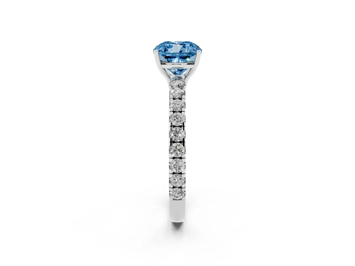 Fancy Blue Cushion Cut Diamond Pavé Solitaire Engagement Ring with Four-Prong Setting Silver