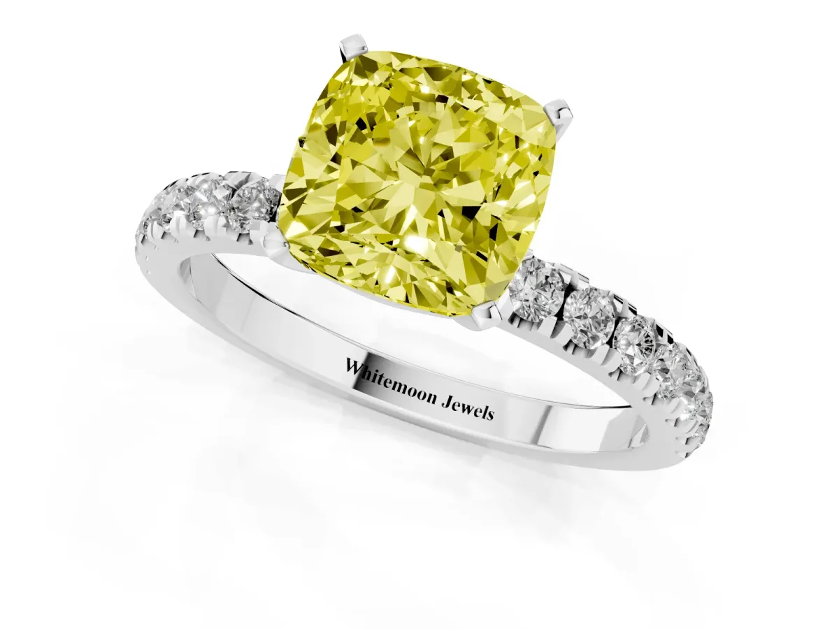 Fancy Yellow Cushion Cut Diamond Solitaire Ring with Pavé Accents and Four-Prong Setting Silver
