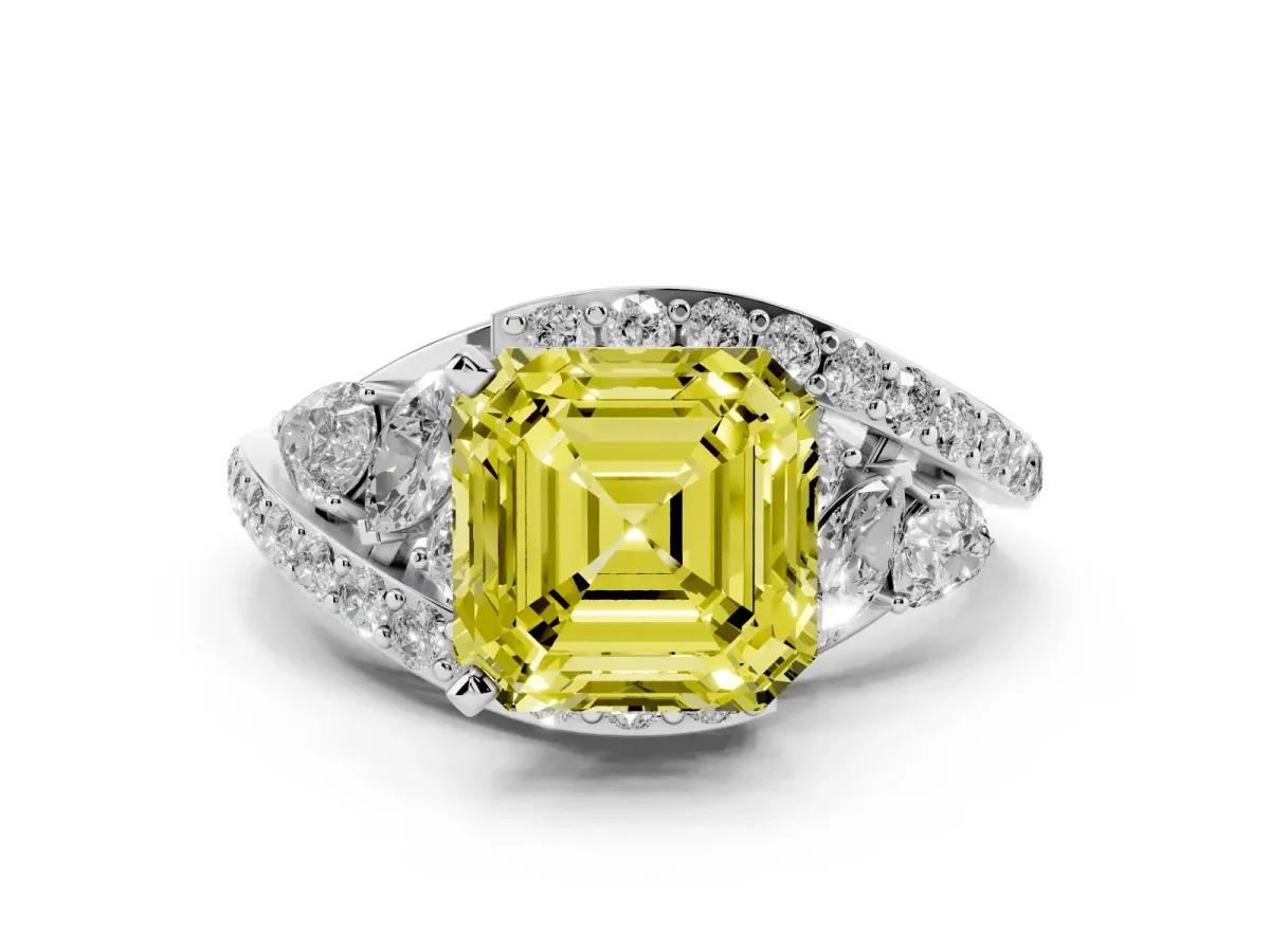 Fancy Yellow Asscher Cut Diamond Halo Ring with Marquise and Pavé Band in Prong Setting Platinum