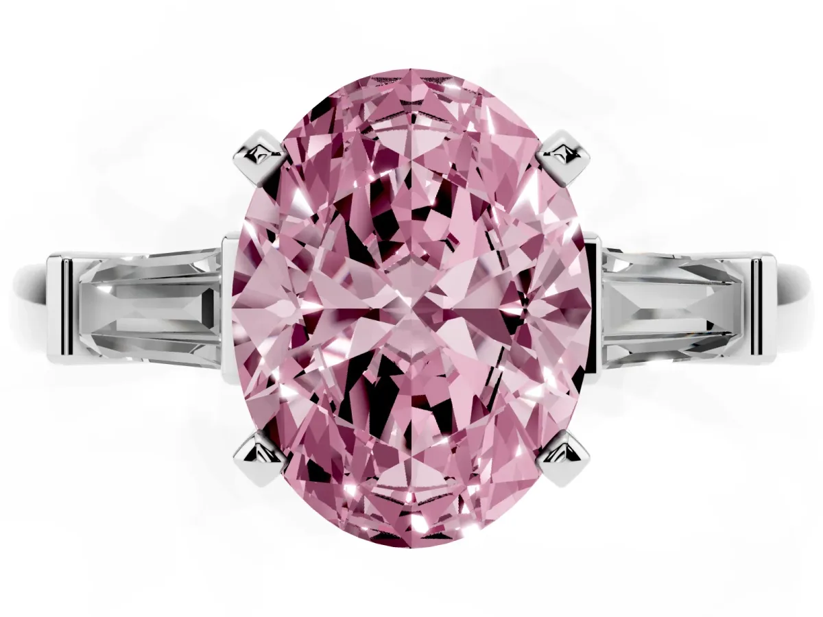 Fancy Pink Oval Cut Cut Diamond Solitaire Ring with Tapered Baguette Accents and Four-Prong Setting Platinum