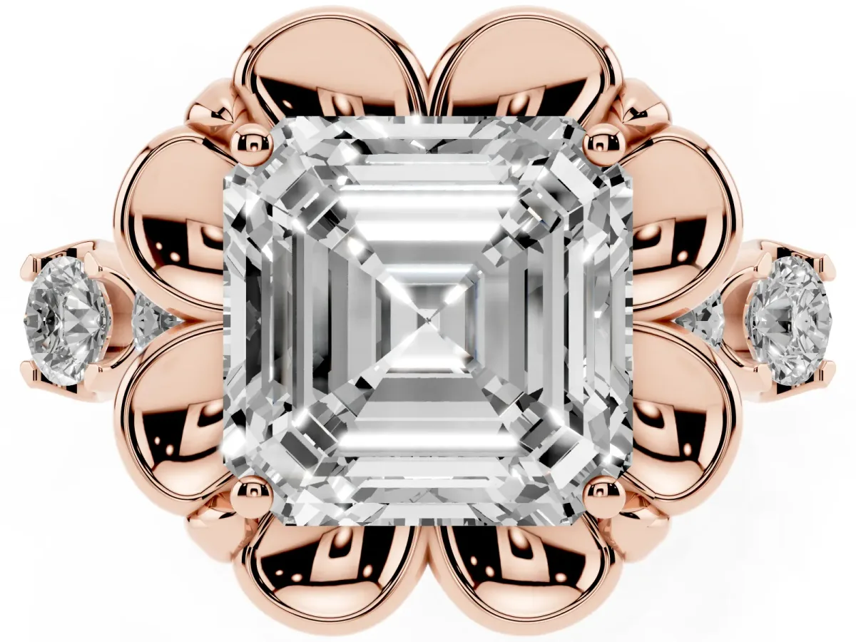 Asscher Cut Cut Diamond Floral Halo Engagement Ring with Shared Prong Setting Rose gold