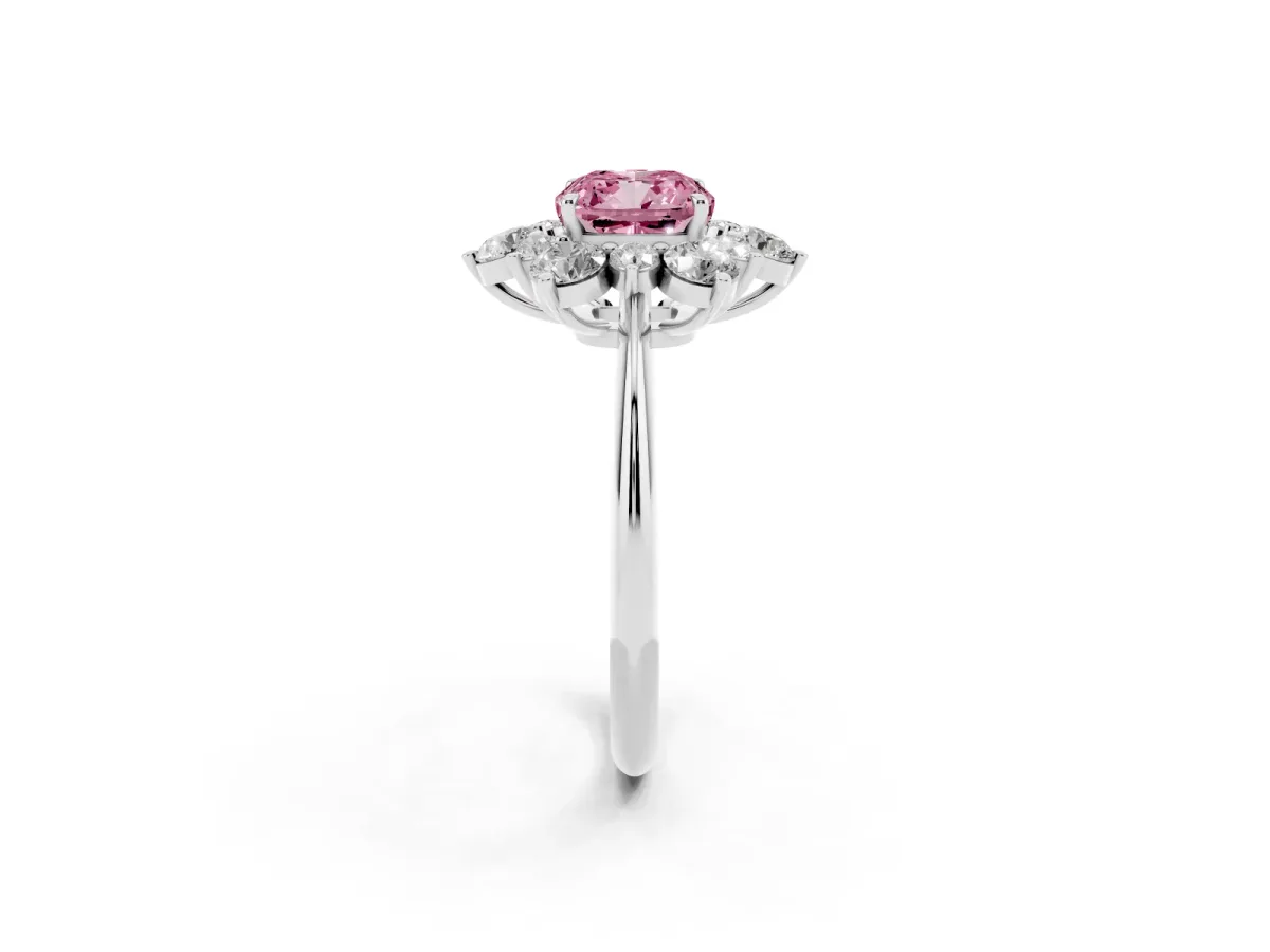 Fancy Pink Cushion Cut Diamond Cluster Halo Ring with Solitaire Band and Four-Prong Setting Silver
