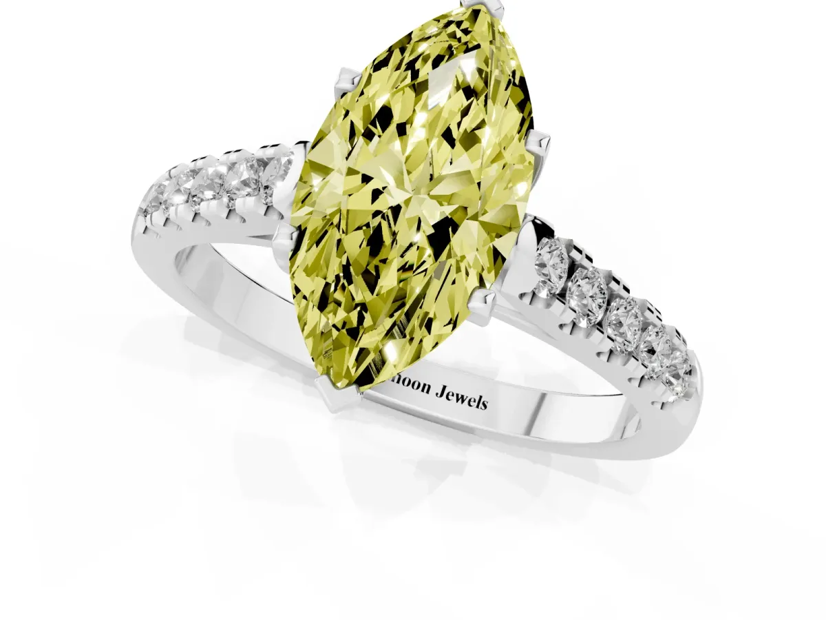 Fancy Yellow Marquise Cut Diamond Pavé Band Solitaire Ring with Prong Setting Silver