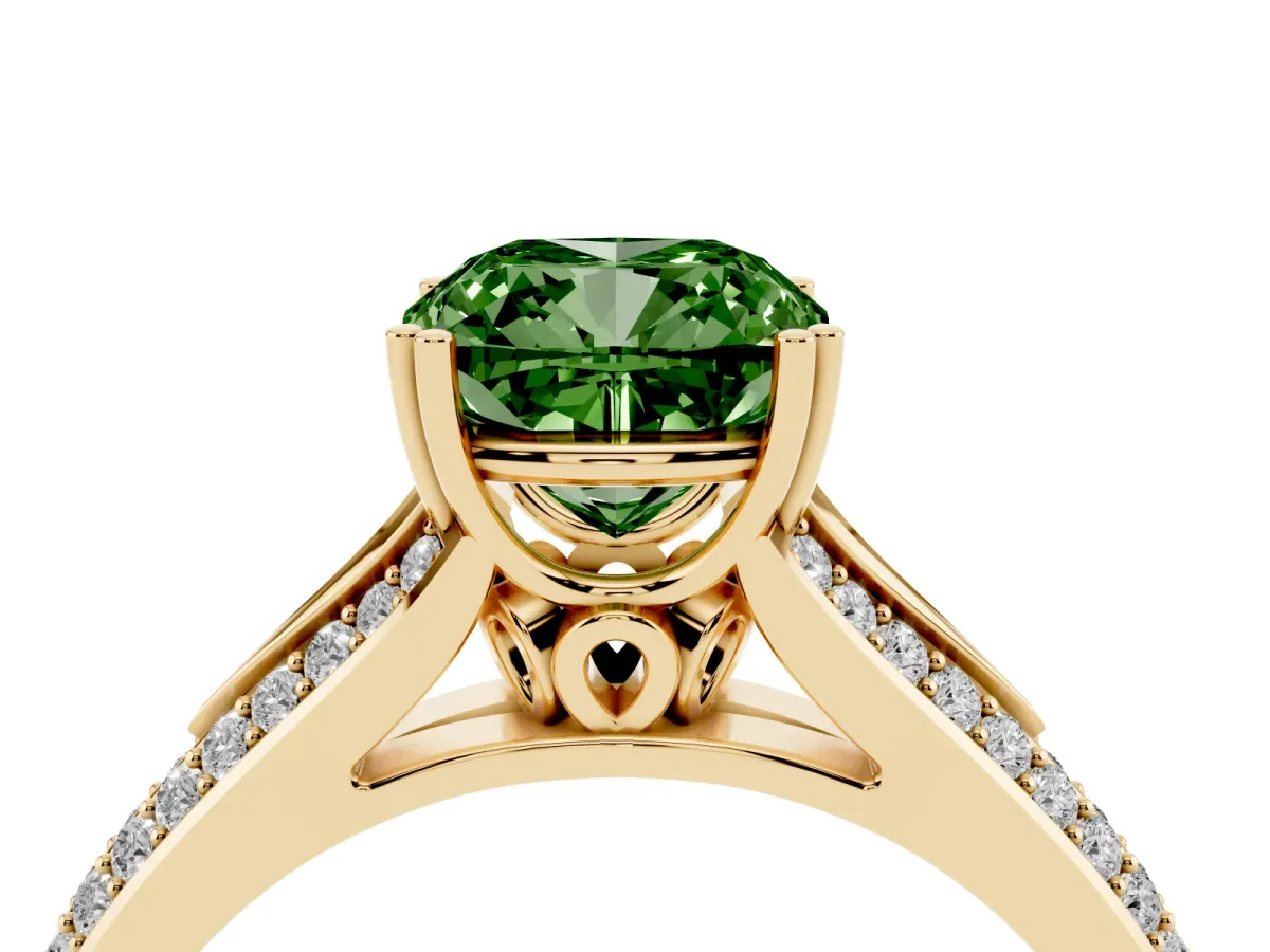 Fancy Green Cushion Cut Diamond Split Shank Engagement Ring with Pavé Band Yellow gold