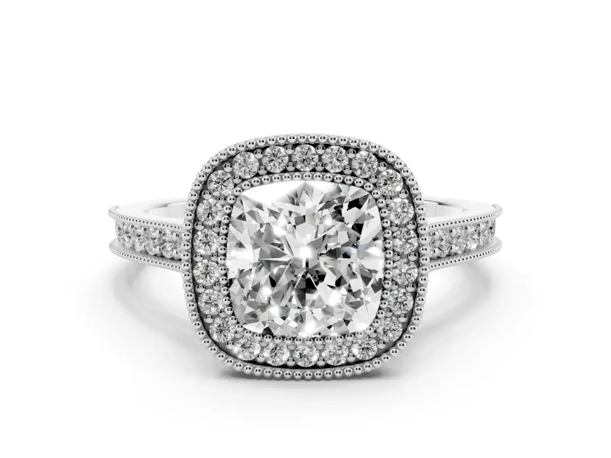 Halo Cushion Cut-Cut Diamond Pave Band Milgrain Prong Setting Ring Silver