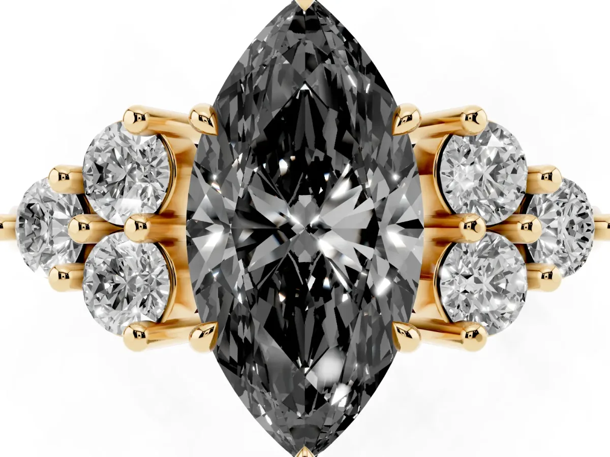 Fancy Black Marquise Cut Brilliant Diamond Cluster Accent Solitaire Ring with Prong Setting Yellow gold