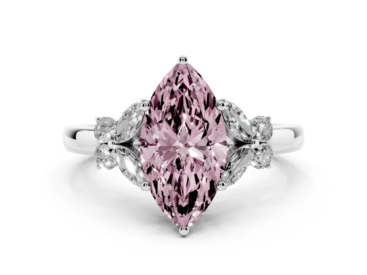 Fancy Pink Marquise Cut Cut Solitaire Floral Diamond Ring with Four-Prong Setting Silver