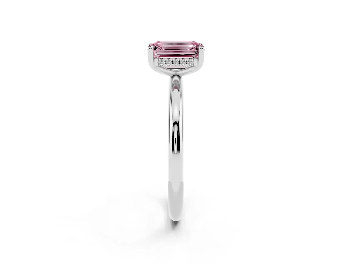 Fancy Pink Emerald Cut Cut Solitaire Engagement Ring with Four-Prong Setting and Classic Band Platinum