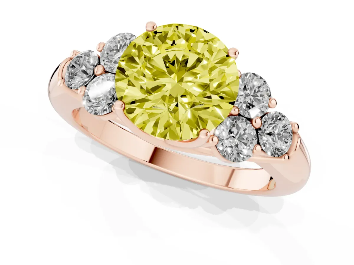 Fancy Yellow Round Cut Cut Diamond Cluster Ring with Round Accent Stones and Prong Setting on a Classic Band Rose gold
