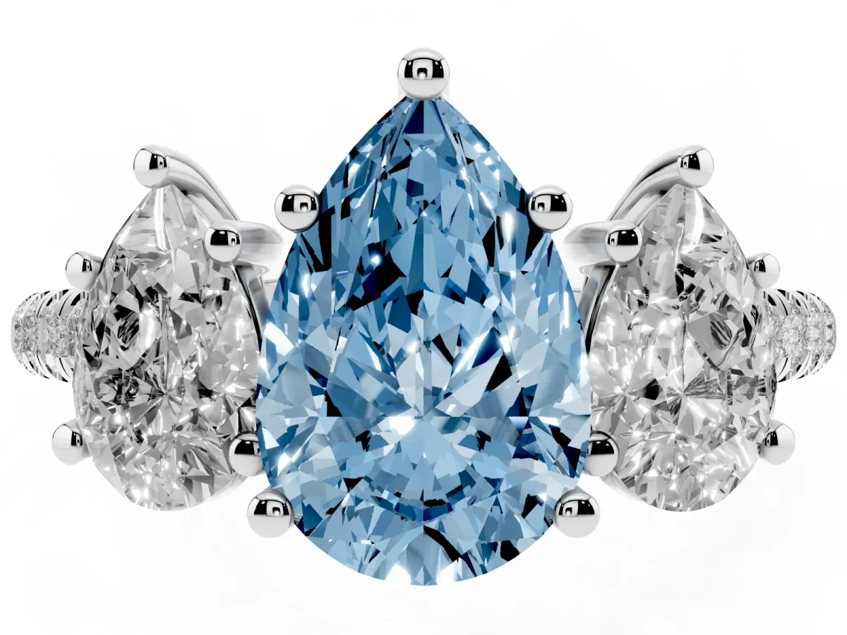 Fancy Blue Three-Stone Pear Cut Diamond Ring with Round Pavé Band and Prong Setting Silver
