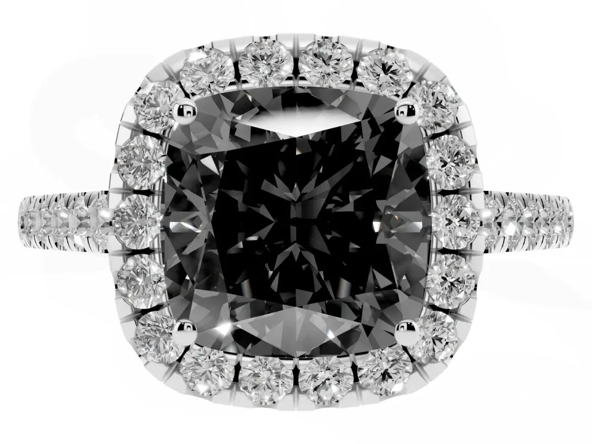 Fancy Black Cushion Cut Halo Pave Diamond Engagement Ring with Four-Prong Setting Silver