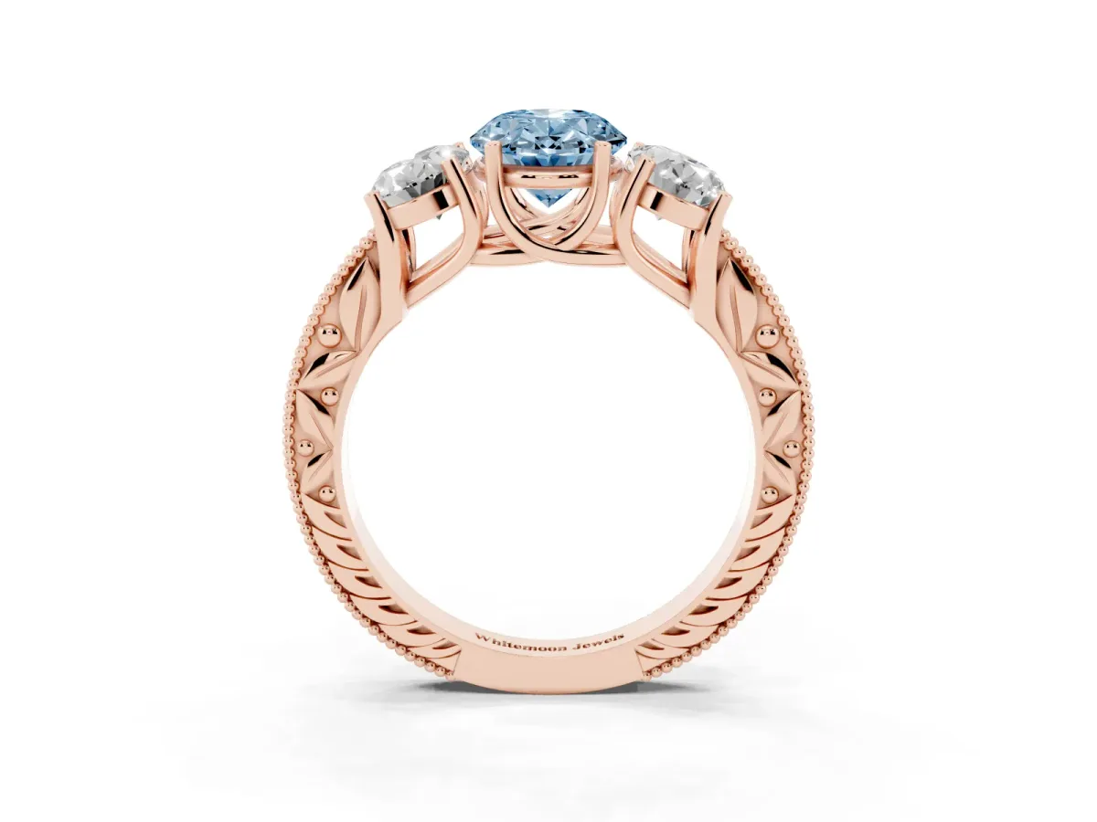 Fancy Blue Three-Stone Oval Cut Cut Milgrain Pavé Engagement Ring Rose gold