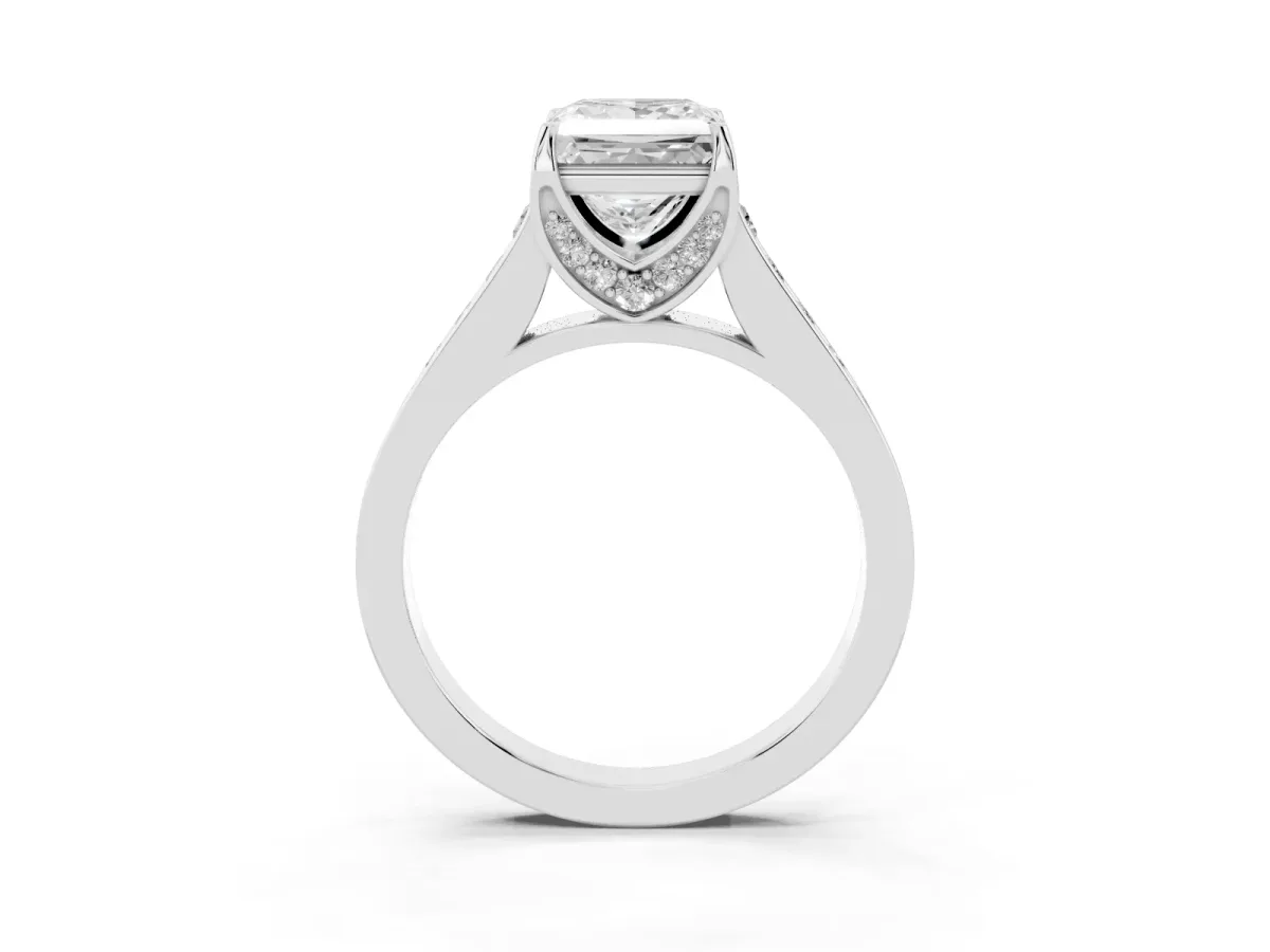 Princess Cut Brilliant Cut Diamond Engagement Ring with Pavé Band and Four-Prong Setting Platinum