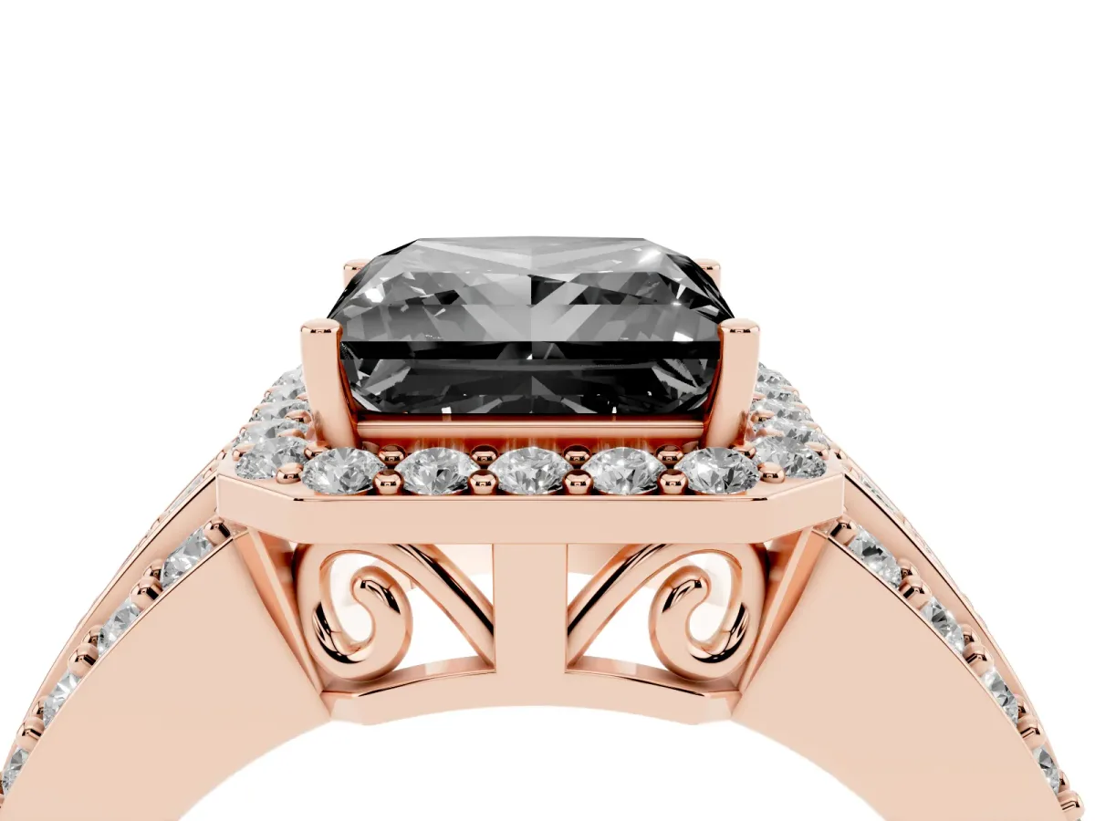 Fancy Black Princess Cut Halo Diamond Ring with Round Split Shank and Prong Setting Rose gold