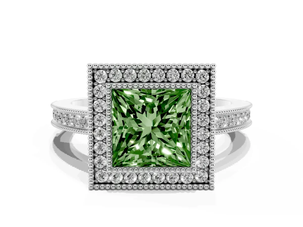 Fancy Green Princess Cut Cut Halo Diamond Ring with Pavé Band and Milgrain Prong Setting Platinum