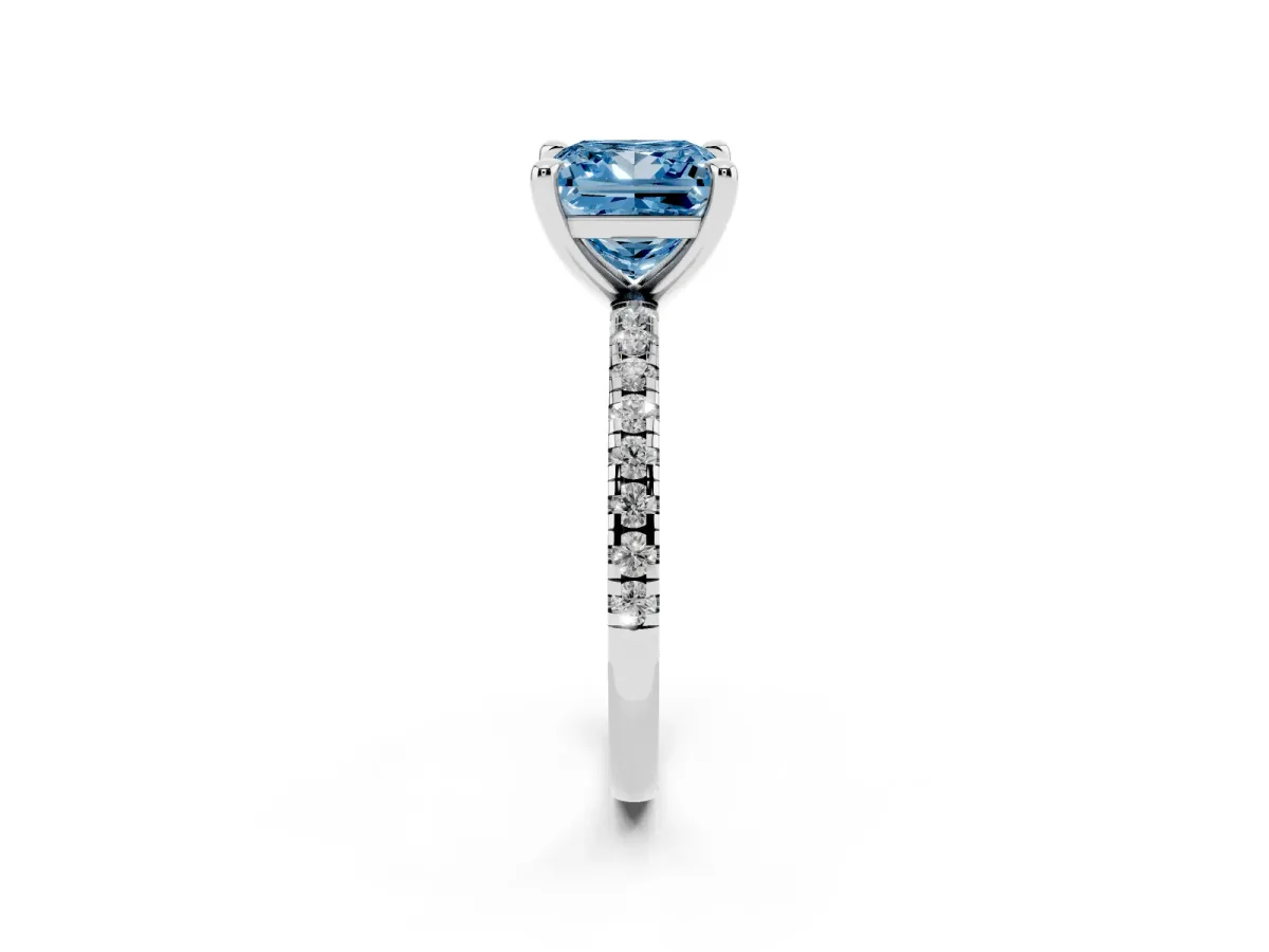 Fancy Blue Princess Cut Diamond Brilliant Solitaire Ring with Pavé Band and Four-Prong Setting Silver