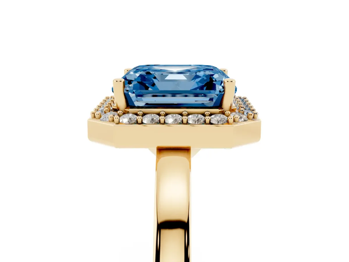 Fancy Blue Asscher Cut Halo Diamond Ring with Solitaire Band and Prong Setting Yellow gold