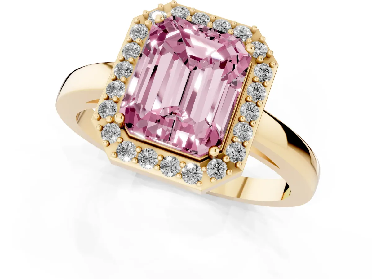 Fancy Pink Radiant Cut Halo Diamond Ring with Solitaire Band and Prong Setting Yellow gold