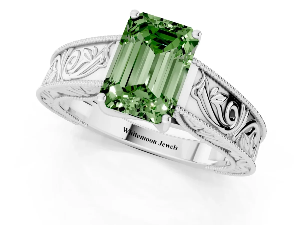 Fancy Green Emerald Cut Diamond Solitaire Ring with Engraved Band and Four-Prong Setting White gold