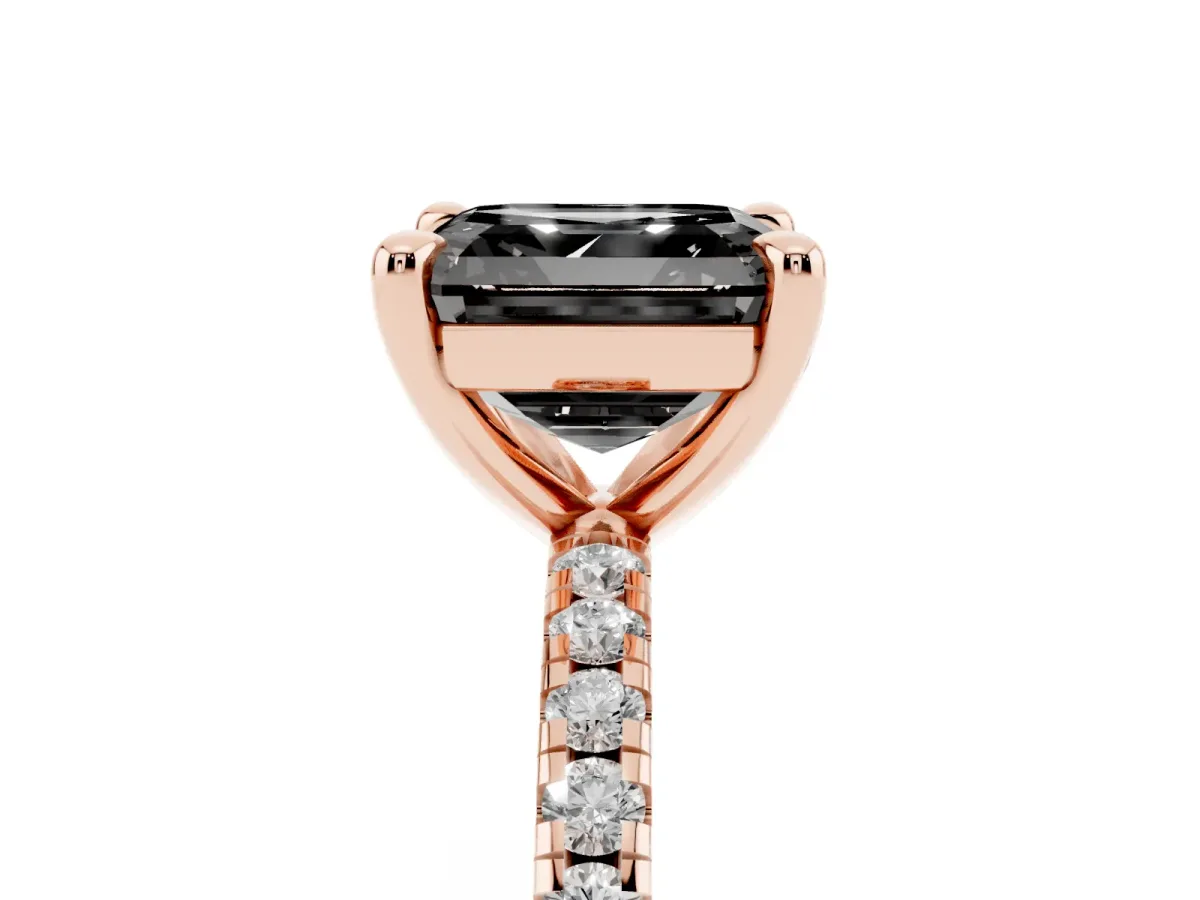 Fancy Black Asscher Cut Diamond Brilliant Solitaire Ring with Pavé Band and Four-Prong Setting Rose gold