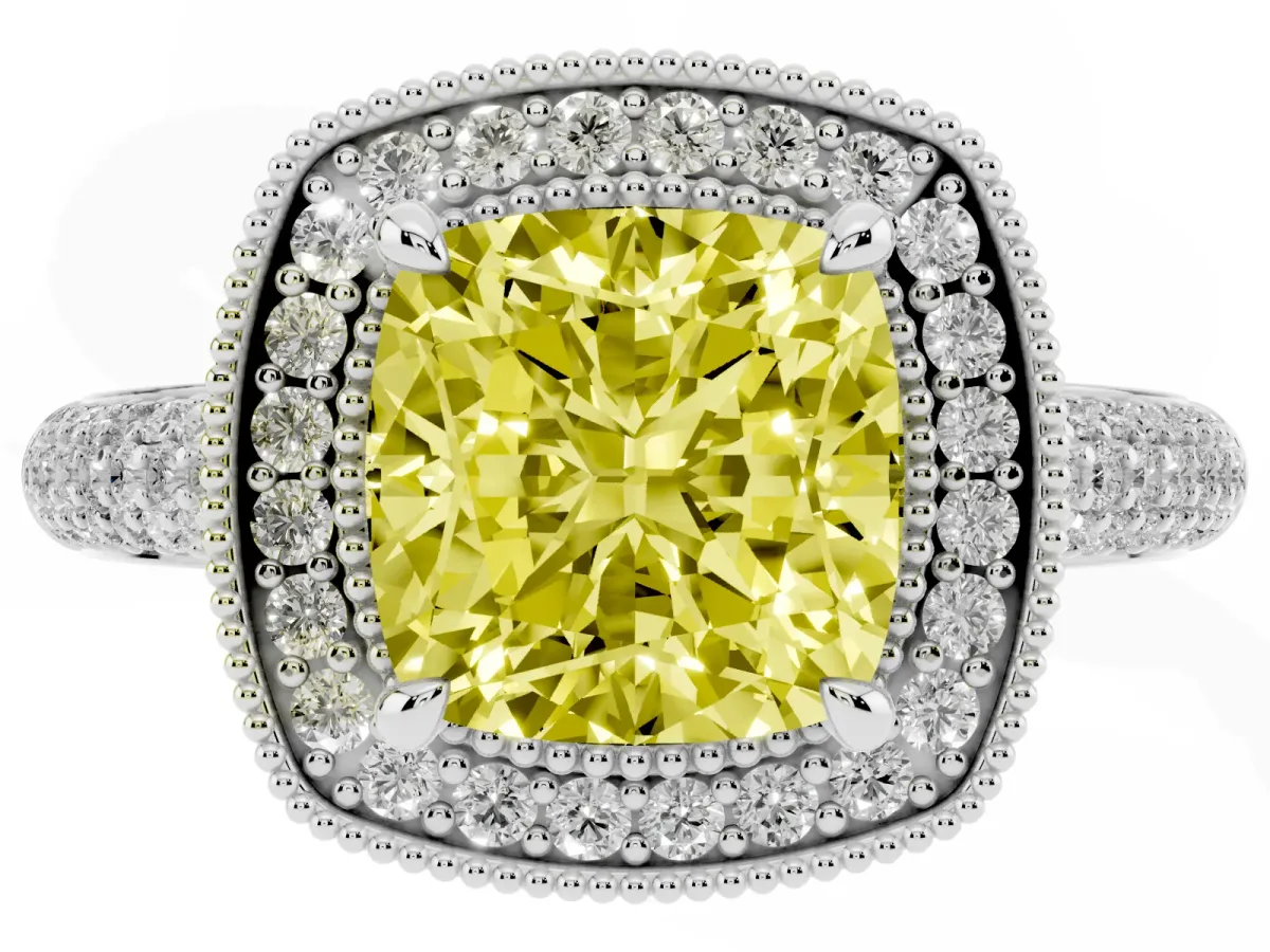 Fancy Yellow Cushion Cut Cut Halo Diamond Pave Band with Four-Prong Setting Platinum