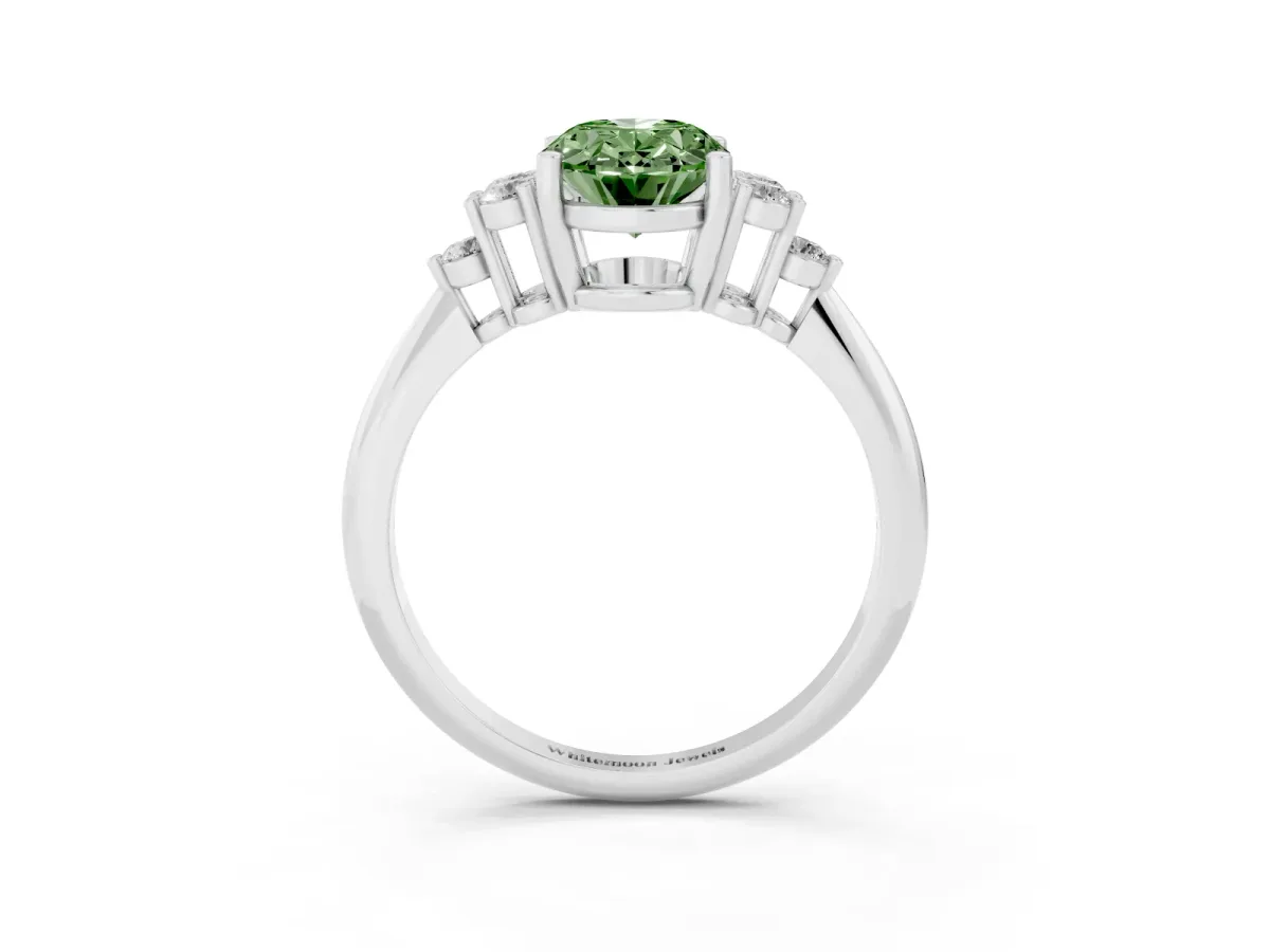 Fancy Green Oval Cut Cut Diamond Cluster Ring with Solitaire Band and Four-Prong Setting Silver