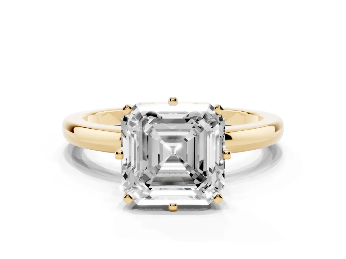 Asscher Cut Solitaire Diamond Ring with Six-Prong Setting on a Classic Band Yellow gold