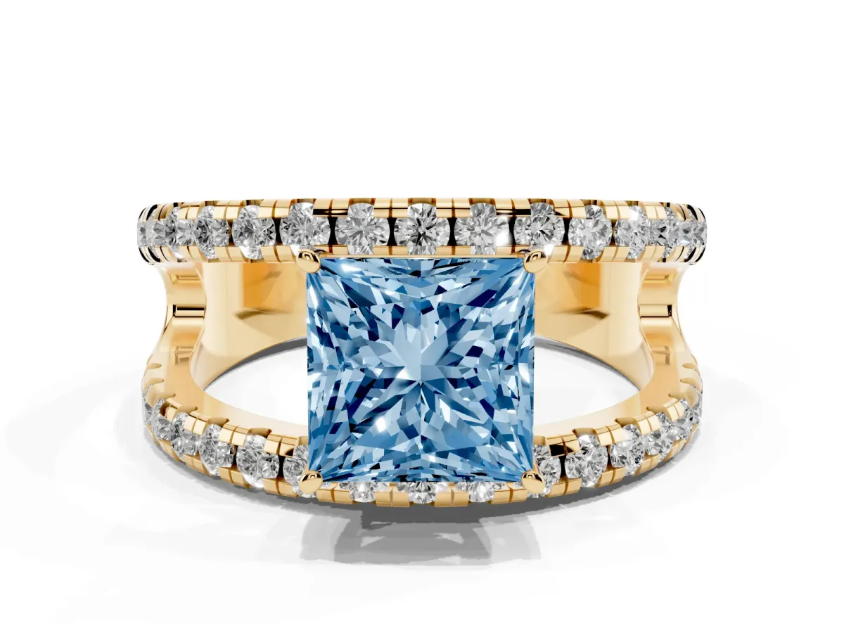 Fancy Blue Princess Cut Solitaire Split Shank Pave Diamond Ring Yellow gold
