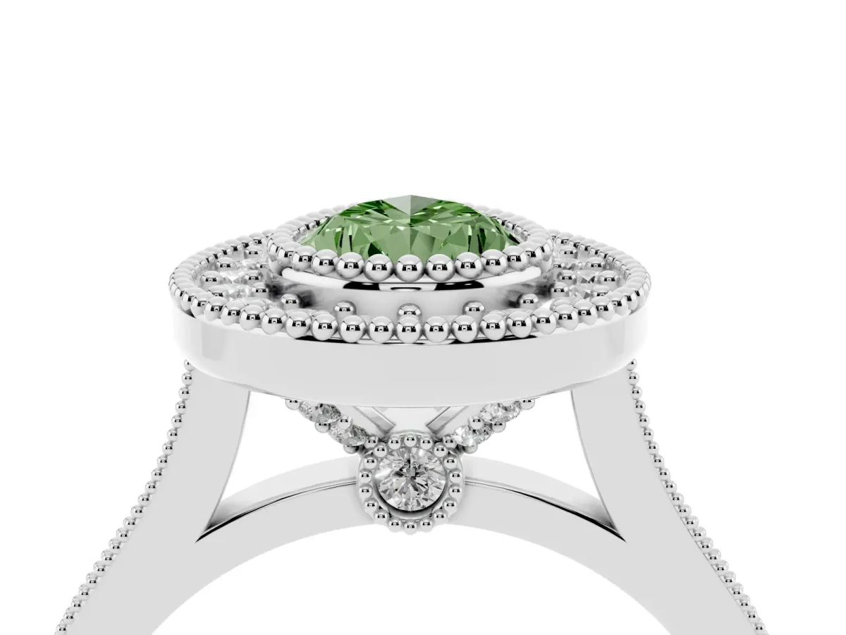 Fancy Green Pear Cut Diamond Halo Ring with Milgrain Frame and Pavé Band Silver