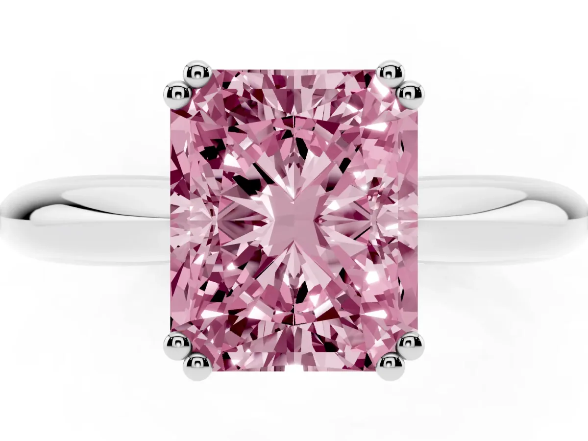 Fancy Pink Radiant Cut Cut Solitaire Engagement Ring with Tapered Band and Four-Prong Setting Platinum