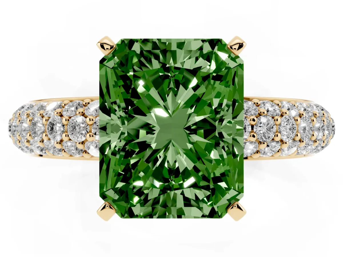 Fancy Green Radiant Cut Diamond Solitaire Ring with Prong Setting and Pavé Band Yellow gold