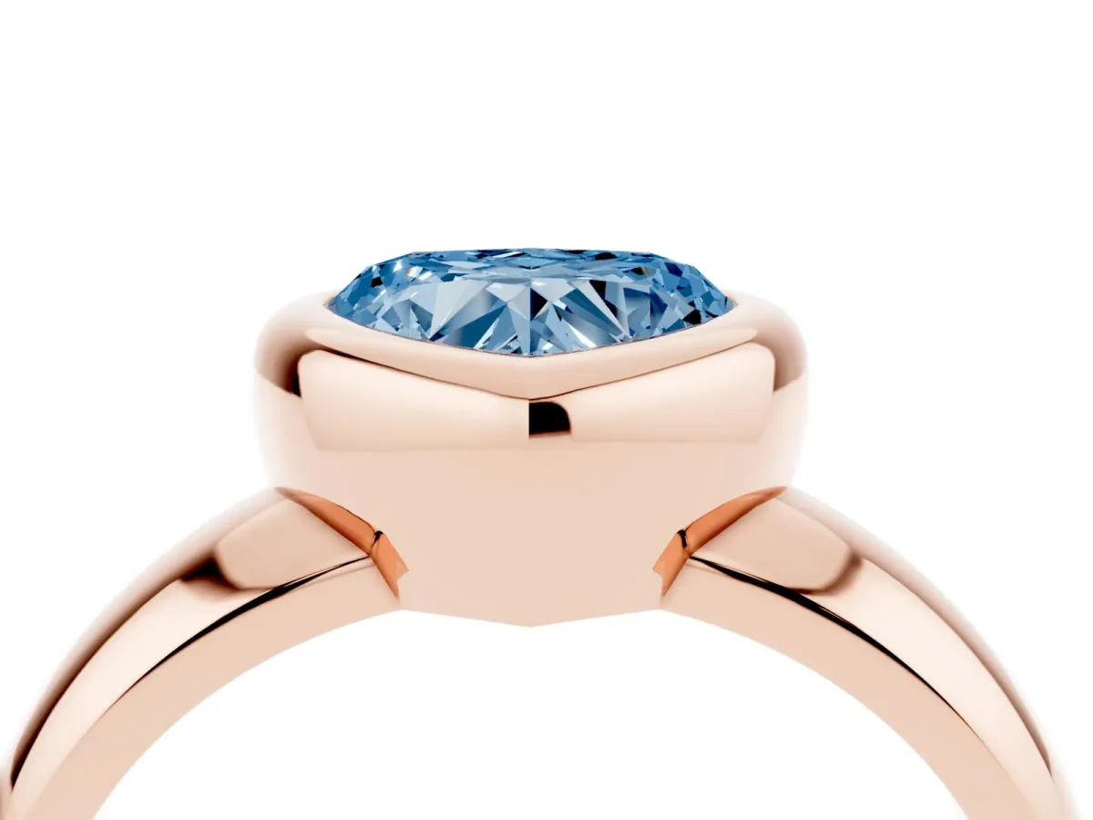 Fancy Blue Bezel Set Heart Cut Solitaire Ring with Wide Band Rose gold