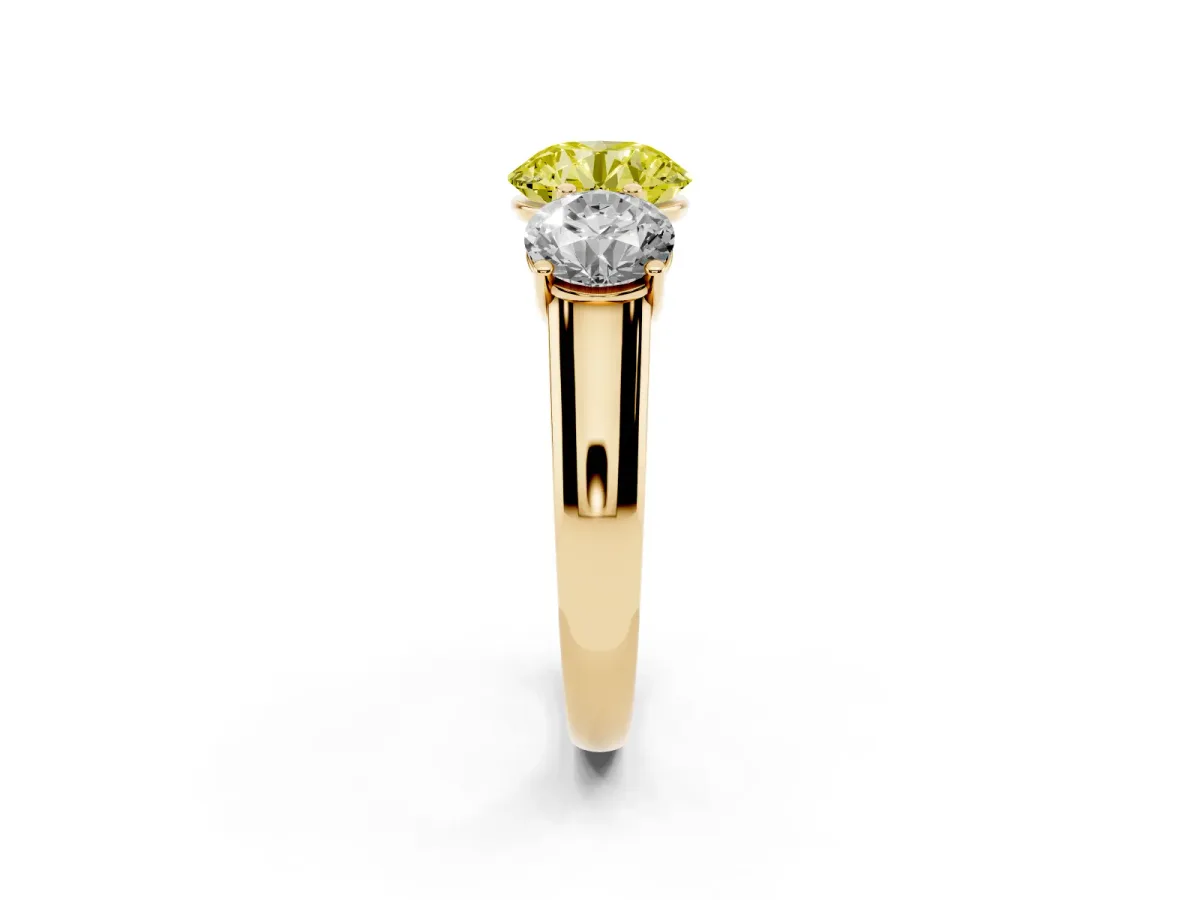 Fancy Yellow Round Cut Three-Stone Diamond Ring with Prong Setting on a Classic Band Yellow gold