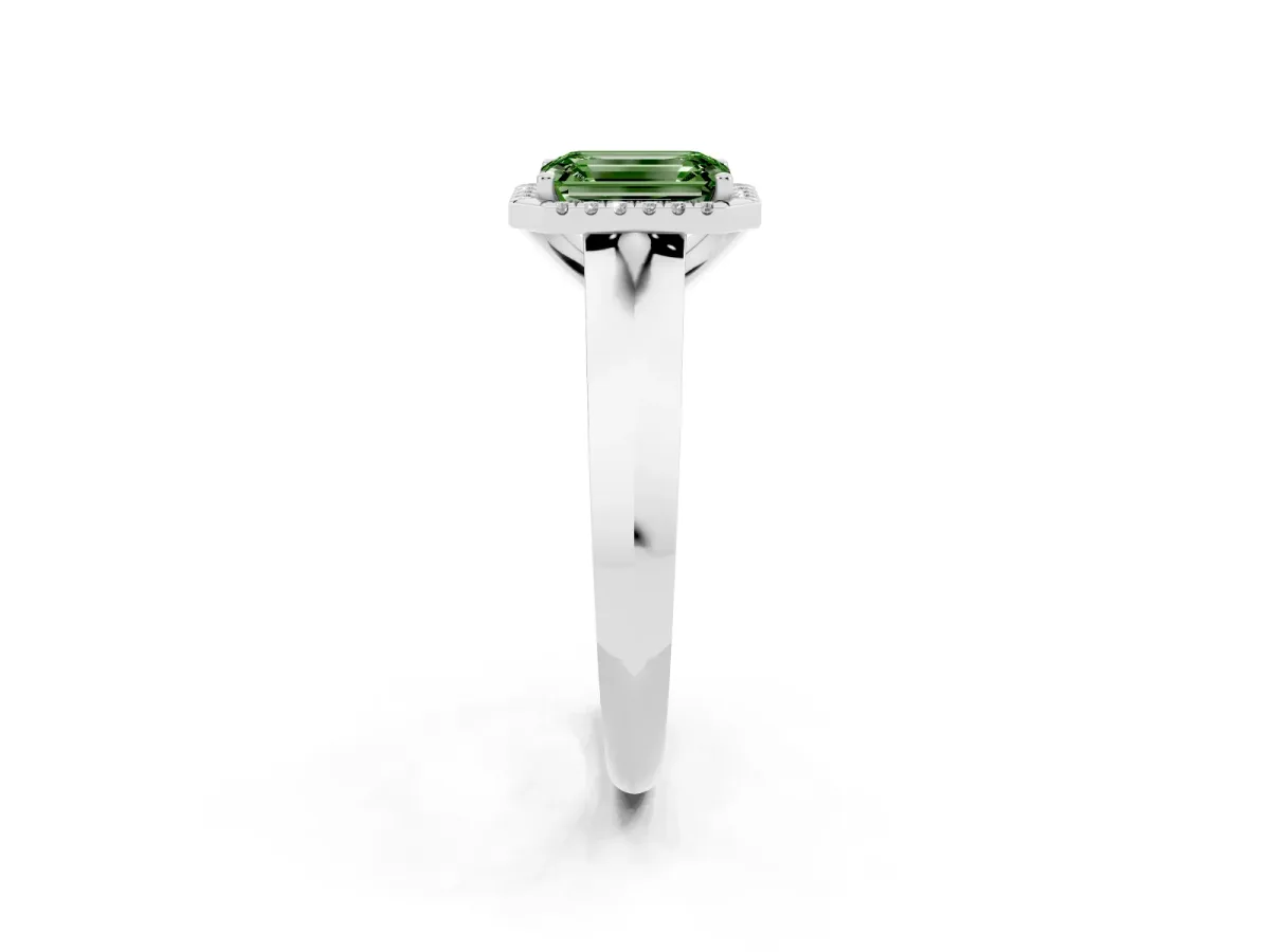 Fancy Green Emerald Cut Halo Diamond Ring with Cathedral Band and Four-Prong Setting Platinum