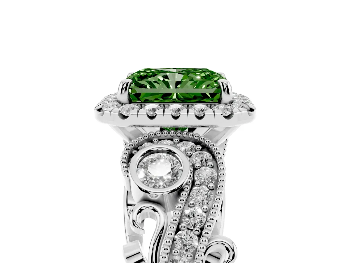 Fancy Green Radiant Cut Diamond Halo Ring with Milgrain Pavé Band and Four-Prong Setting Platinum