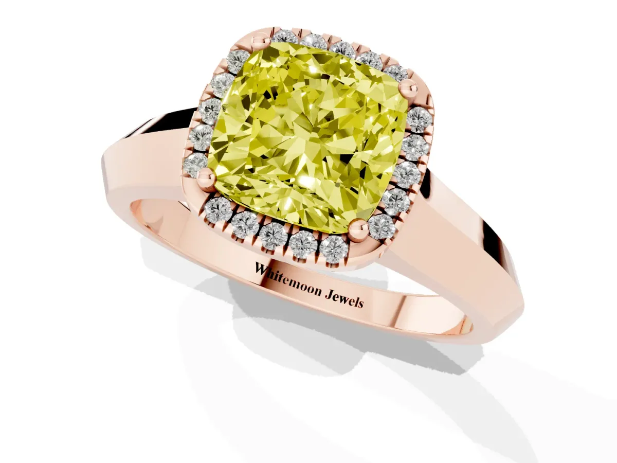 Fancy Yellow Cushion Cut Halo Diamond Ring with Cathedral Band and Four-Prong Setting Rose gold