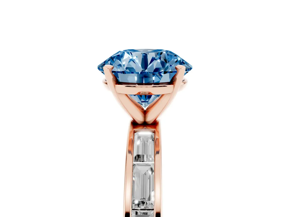 Fancy Blue Round Cut Solitaire Diamond Ring with Channel-Set Baguette Band and Four-Prong Setting Rose gold