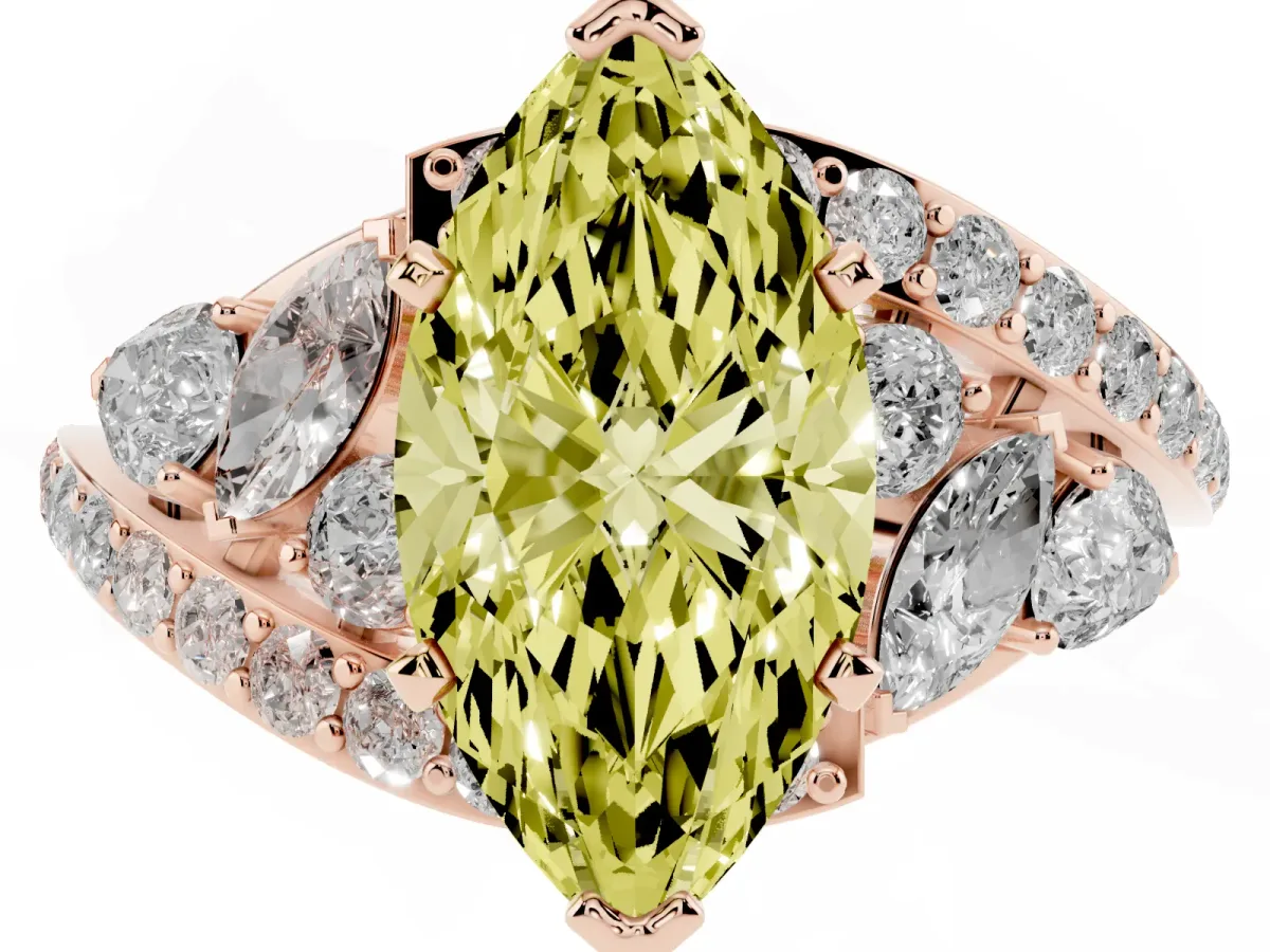Fancy Yellow Marquise Cut Diamond Halo Ring with Marquise and Pavé Band in Prong Setting Rose gold