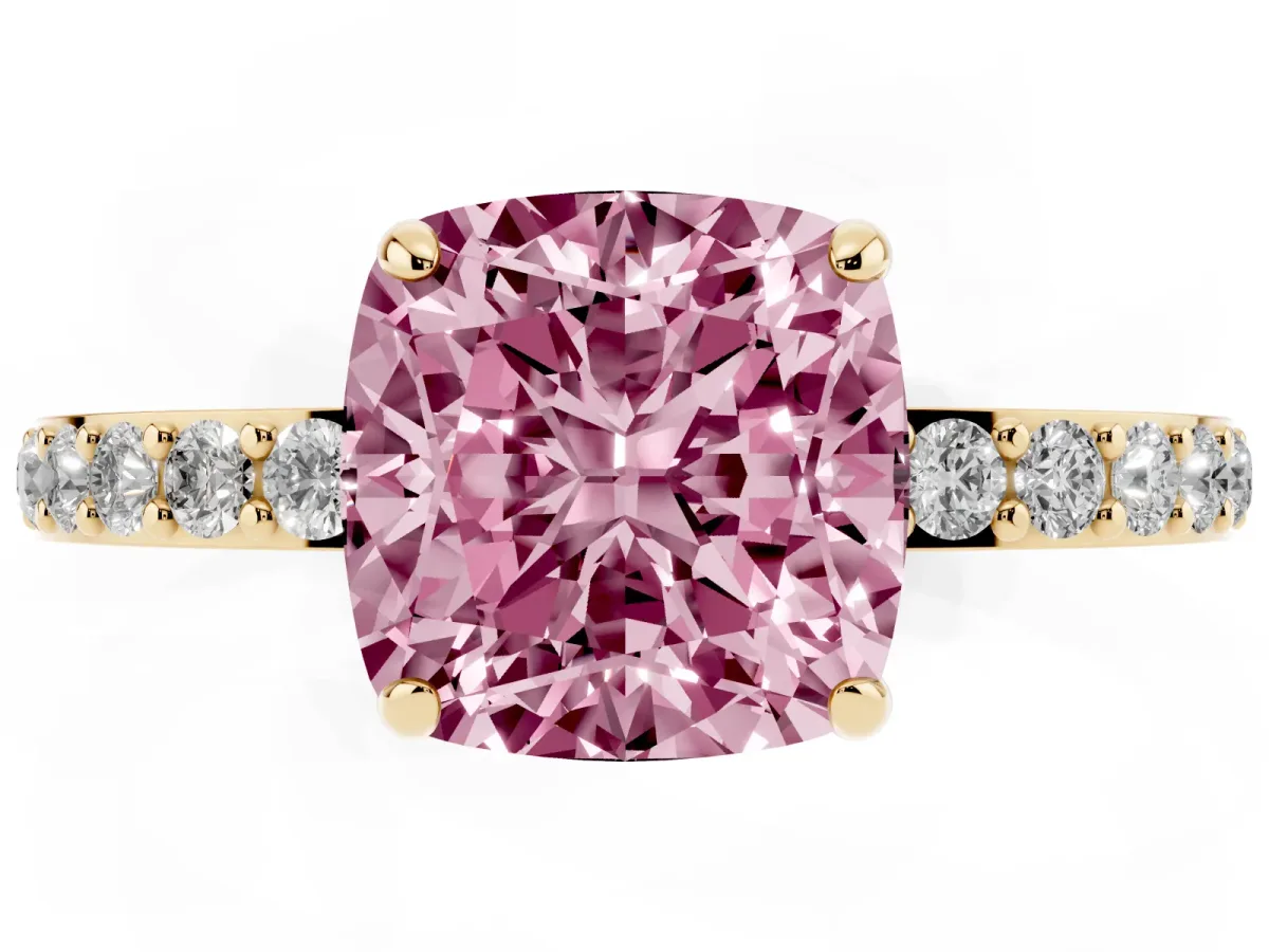 Fancy Pink Cushion Cut Diamond Solitaire Engagement Ring with Pavé Band and Four-Prong Setting Yellow gold
