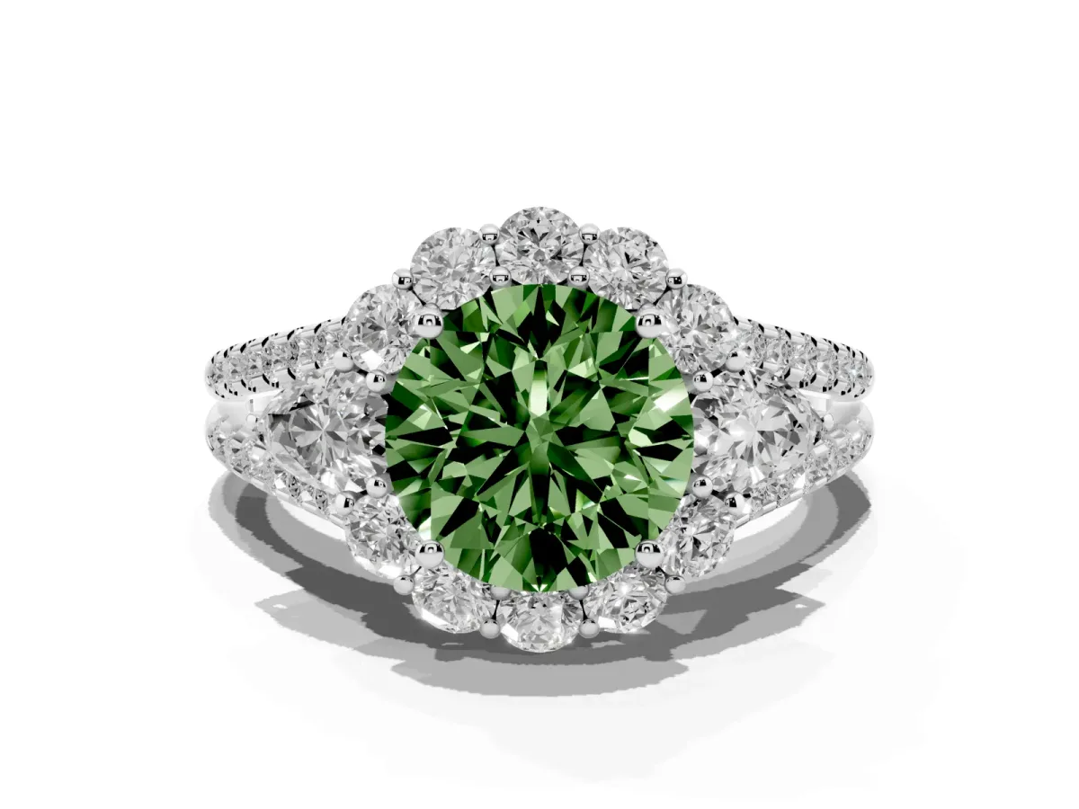 Fancy Green Round Cut Halo Split Shank Diamond Engagement Ring with Prong Setting Silver