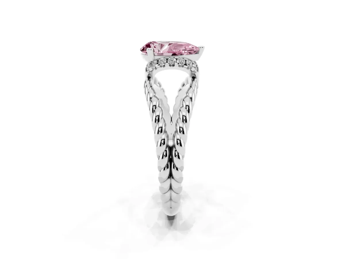 Fancy Pink Pear Cut Halo Twisted Band Four-Prong Ring Silver