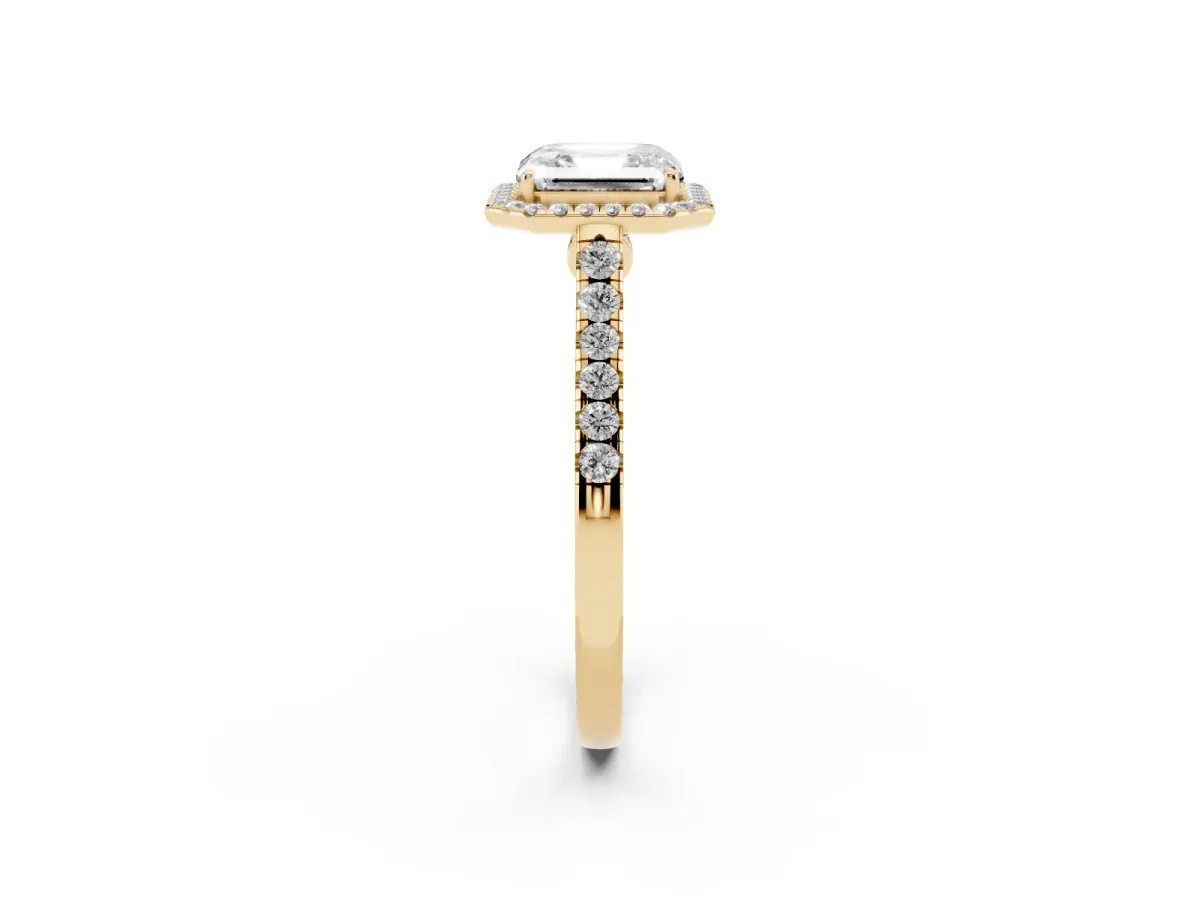 Asscher Cut Halo Pave Diamond Engagement Ring with Four-Prong Setting Yellow gold