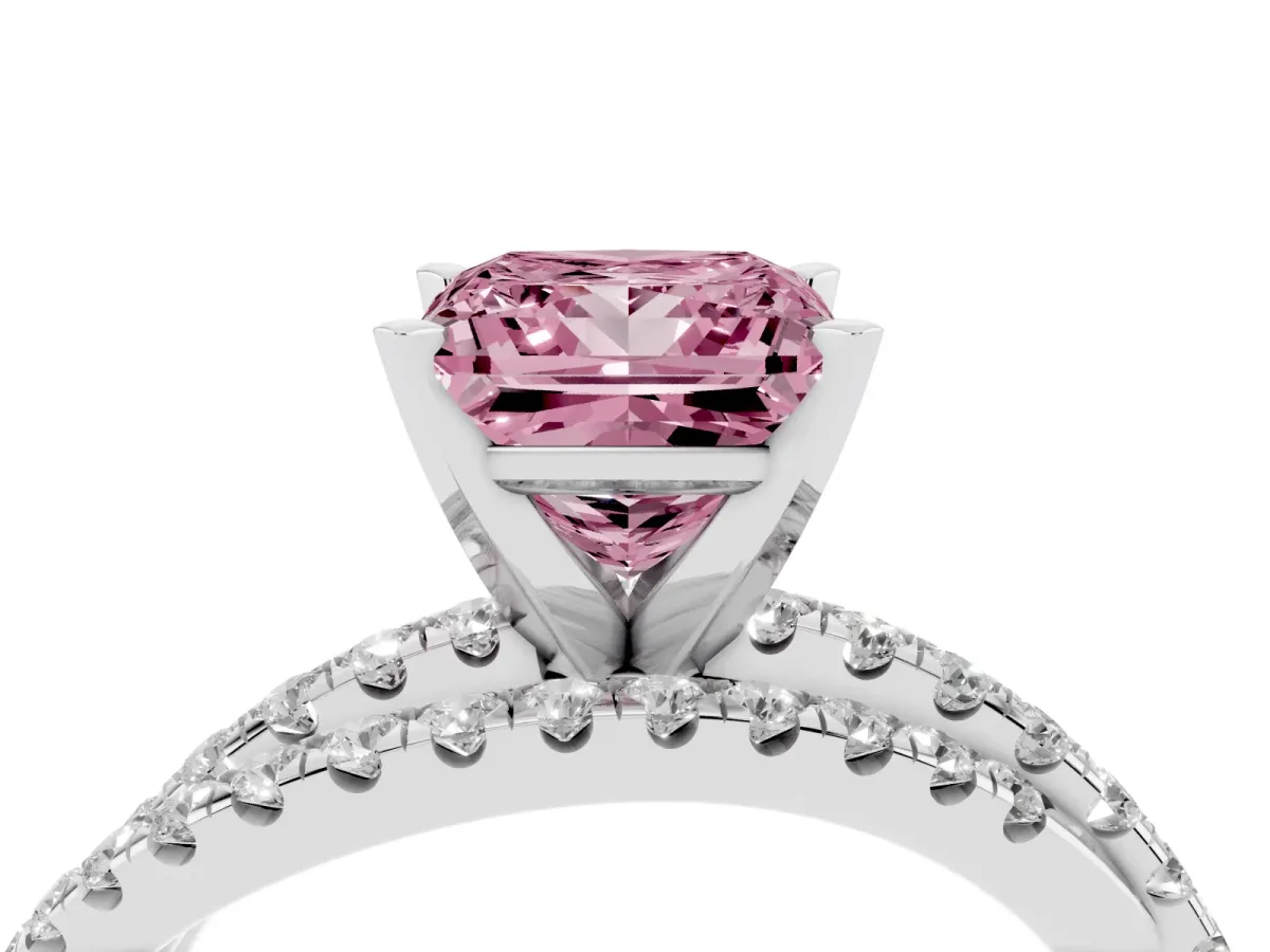 Fancy Pink Princess Cut Solitaire Twist Band with Pavé Setting and Four-Prong Setting Platinum
