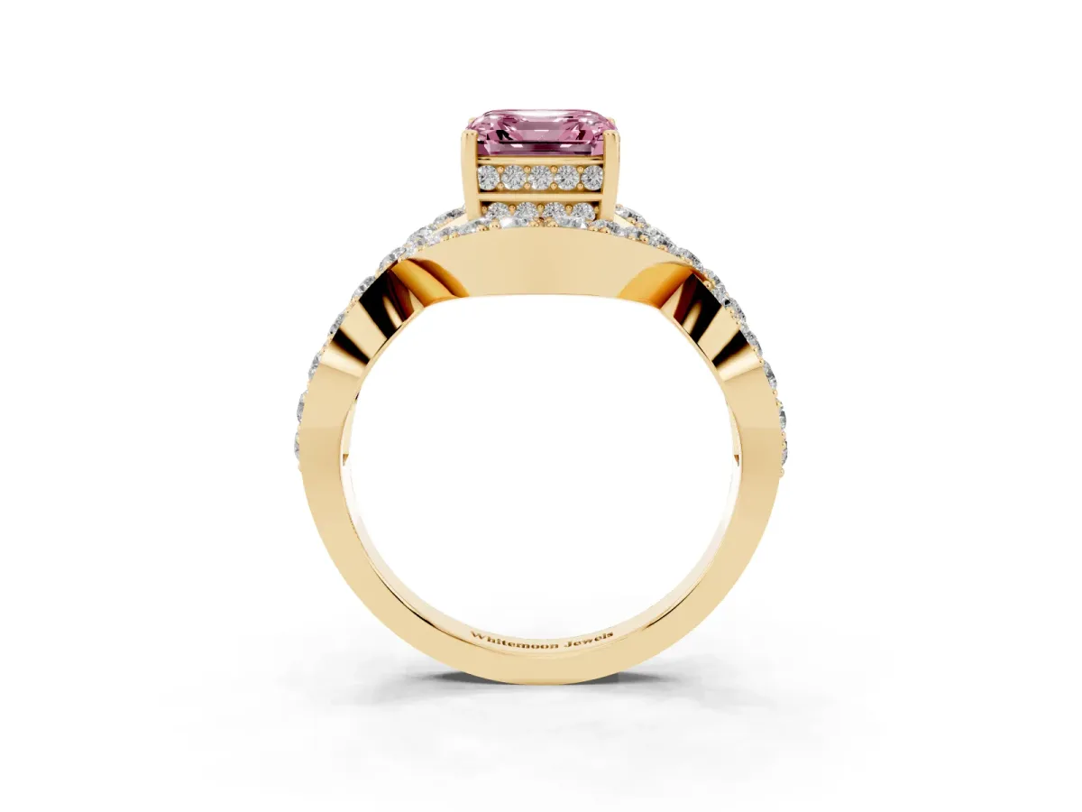 Fancy Pink Asscher Cut Solitaire Twist Band Pavé Diamond Engagement Ring Yellow gold