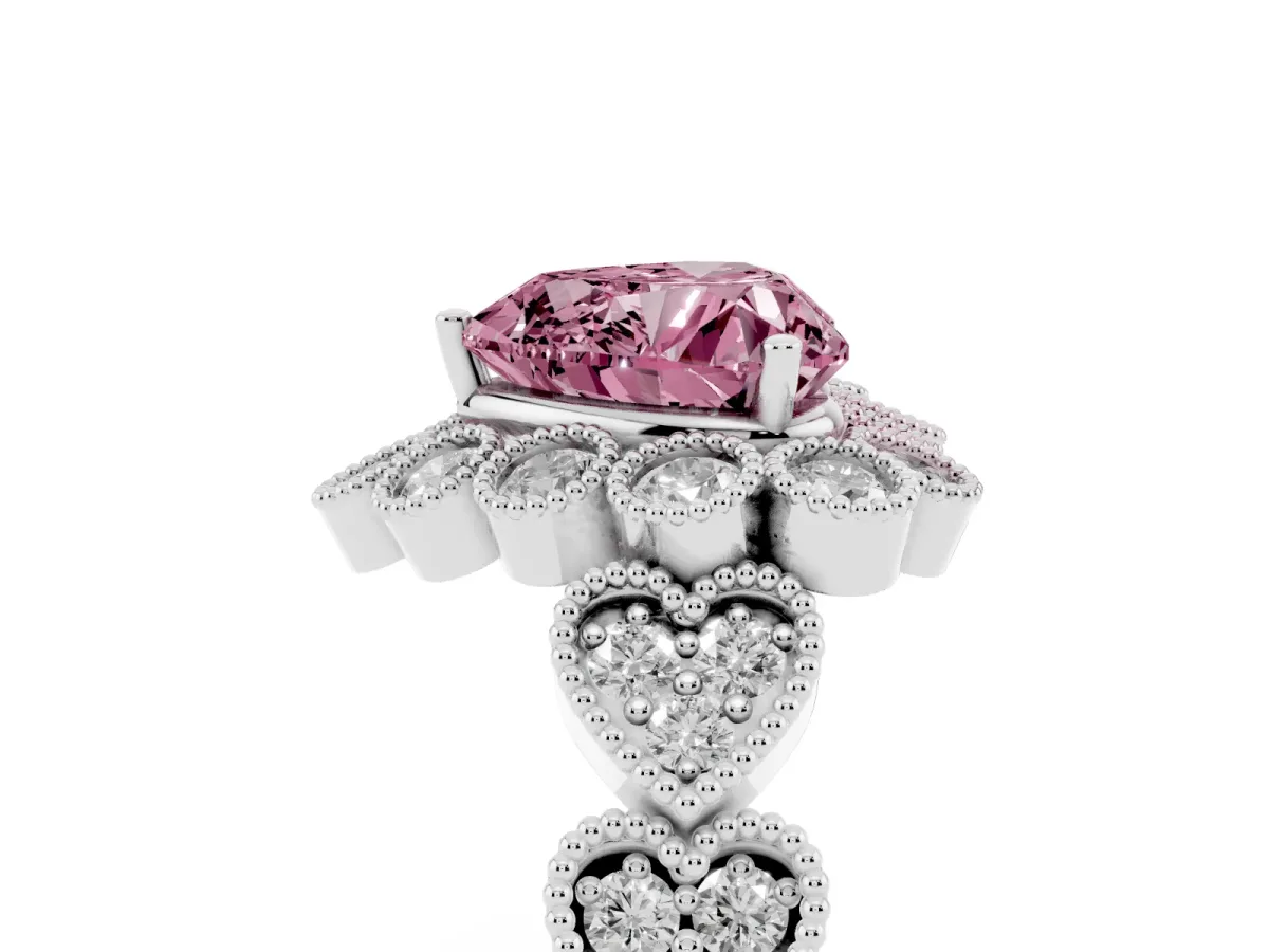 Fancy Pink Heart Cut Brilliant Milgrain Pave Heart Band Solitaire Ring Silver